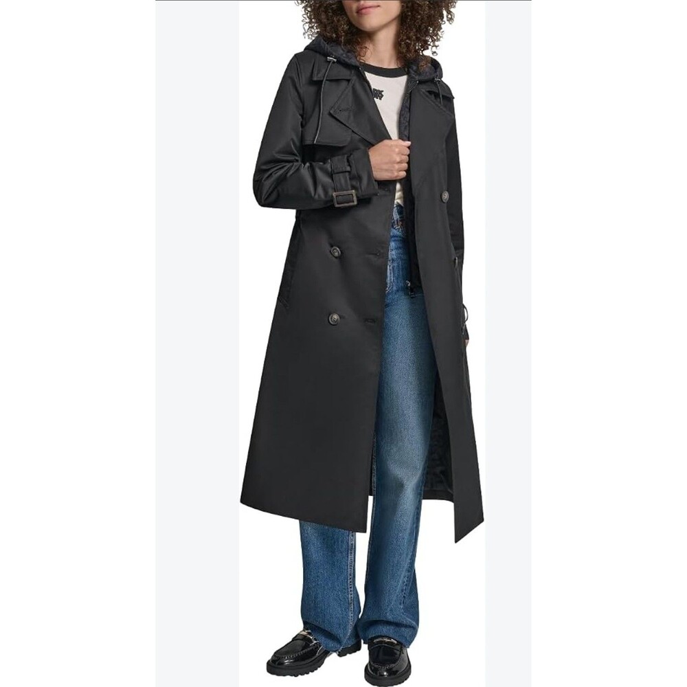 DKNY Double Breasted Trench Coat With Bib Women's Size XL Black Quilted Hood